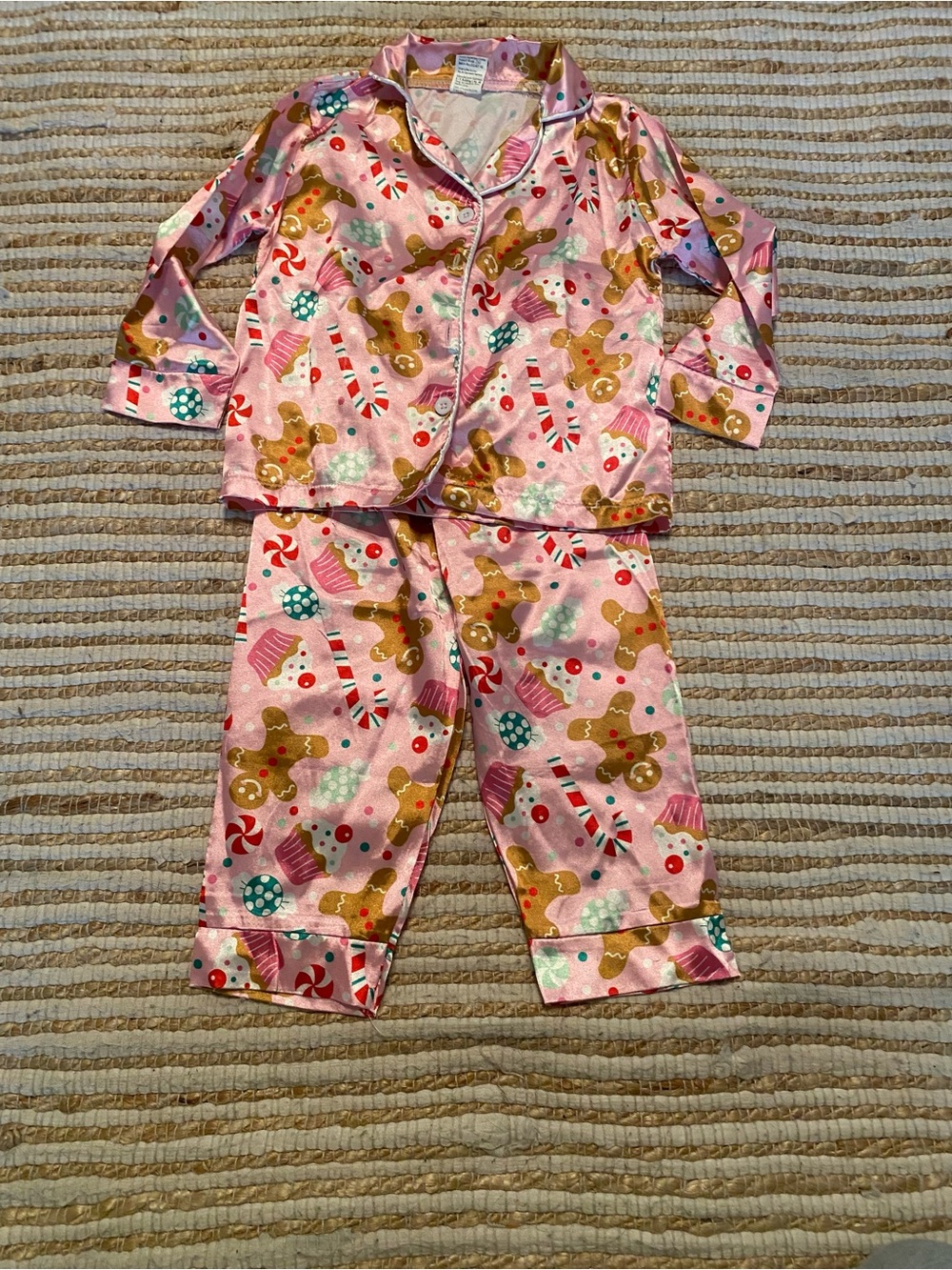 Girls Pink Gingerbread Holiday satin button up Pajama Set